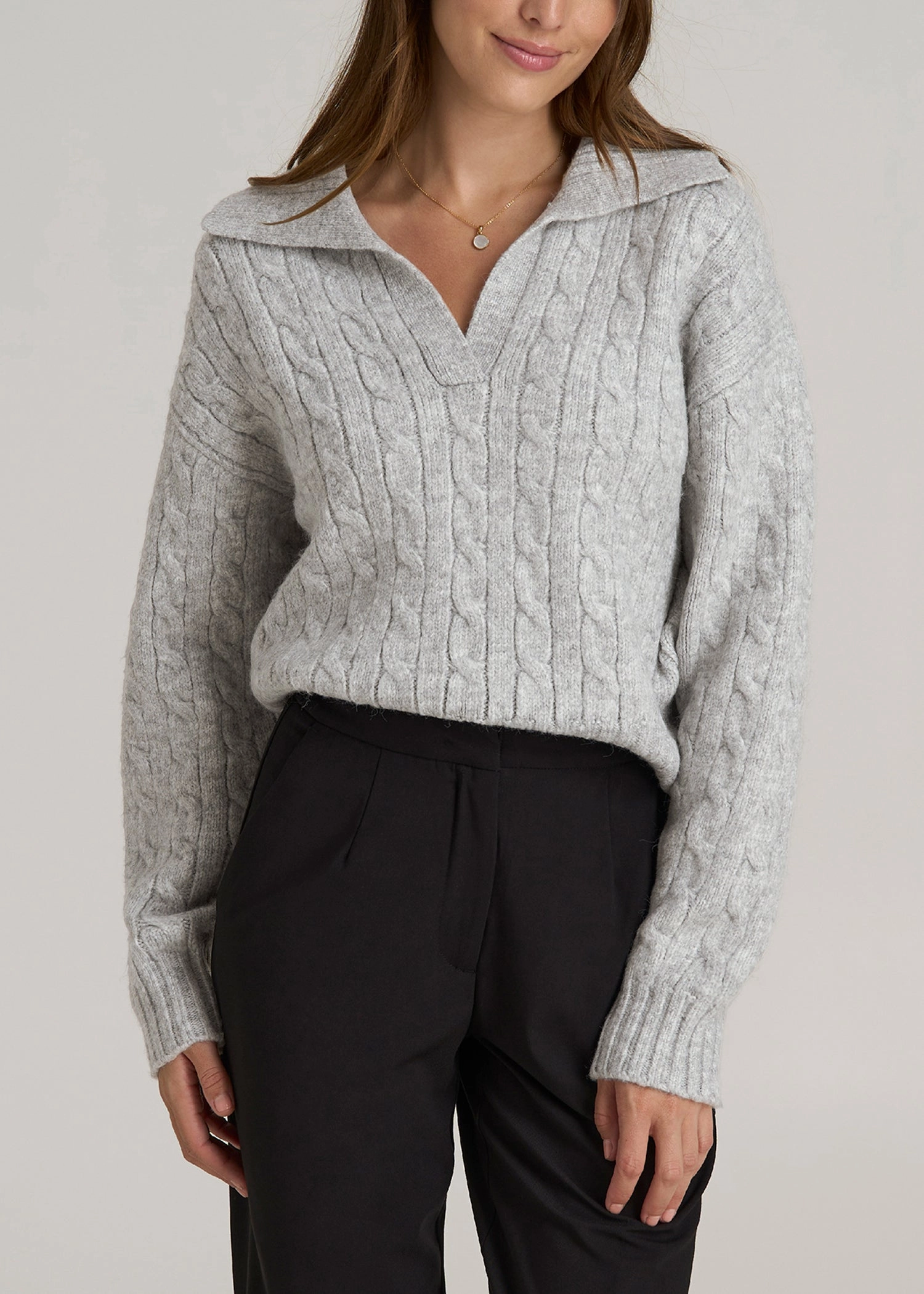Breathable Layer product hiking suitable durability Johnny Collar Cable Knit Sweater for Tall Women in Grey Mix