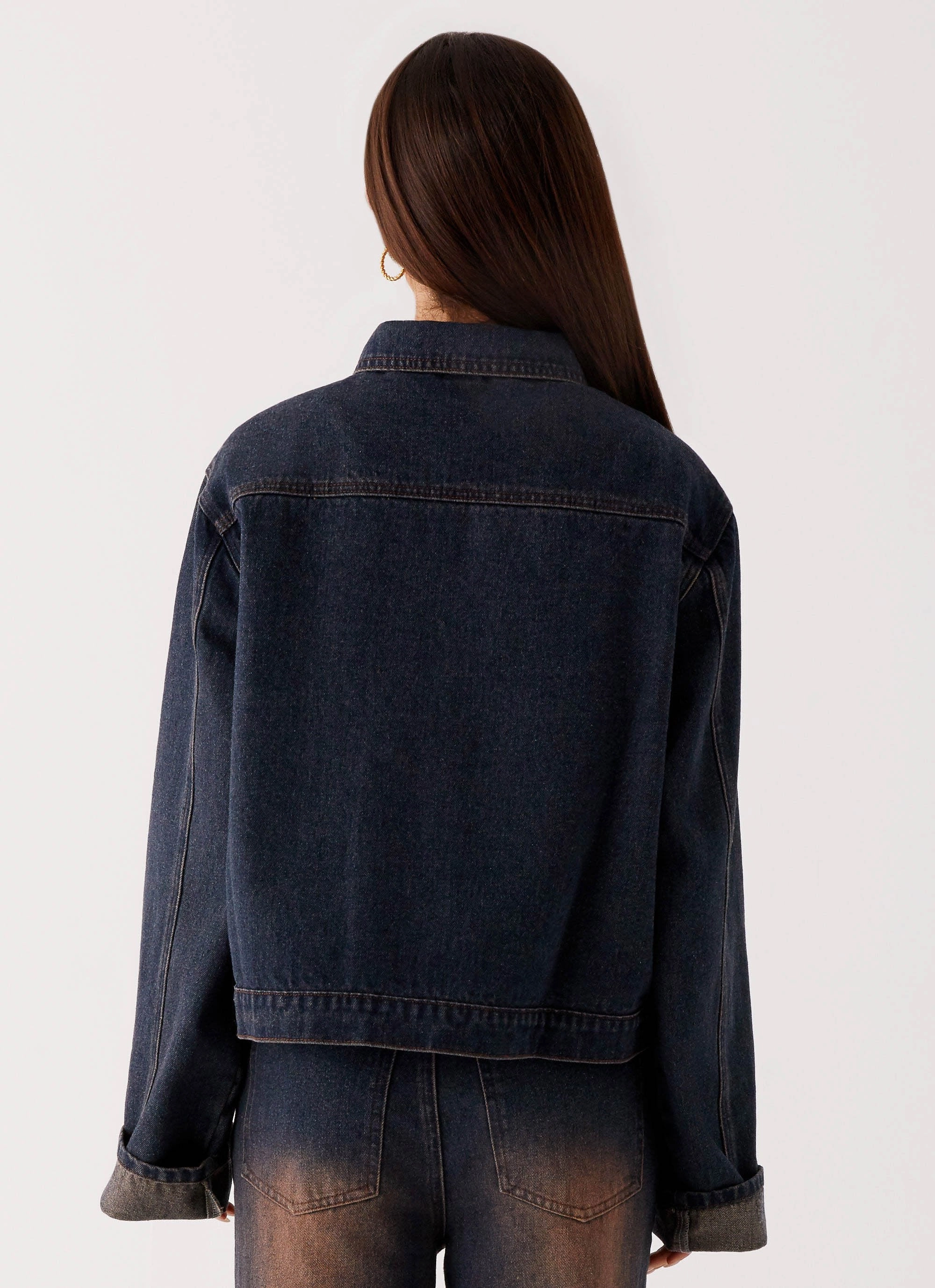 Back Again Oversized Denim Jacket - Brown Blue Acid Wash Contoured Back Panel Smooth Glide Fasteners
