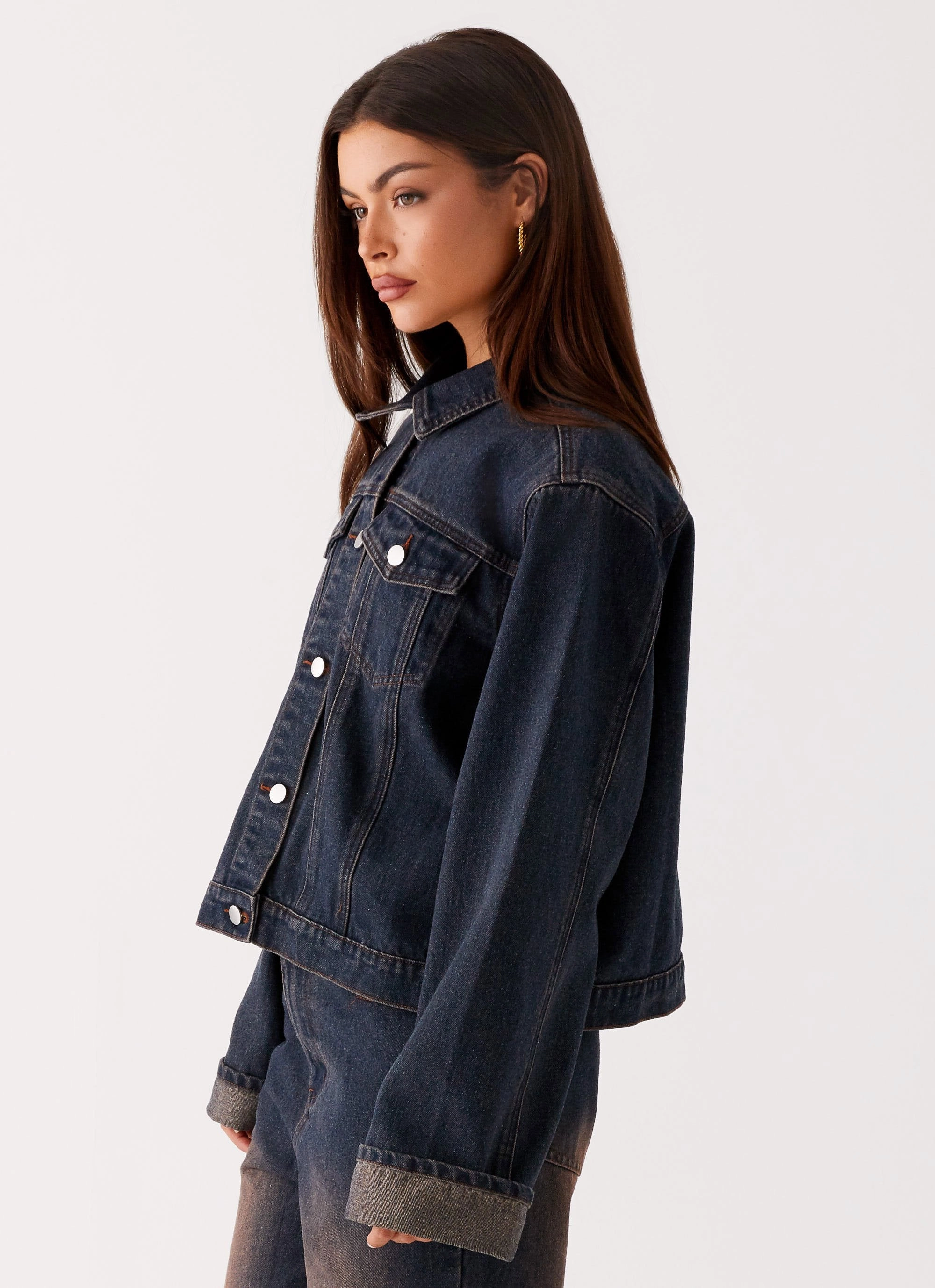 Flexible Shoulder Layered Protection Back Again Oversized Denim Jacket - Brown Blue Acid Wash