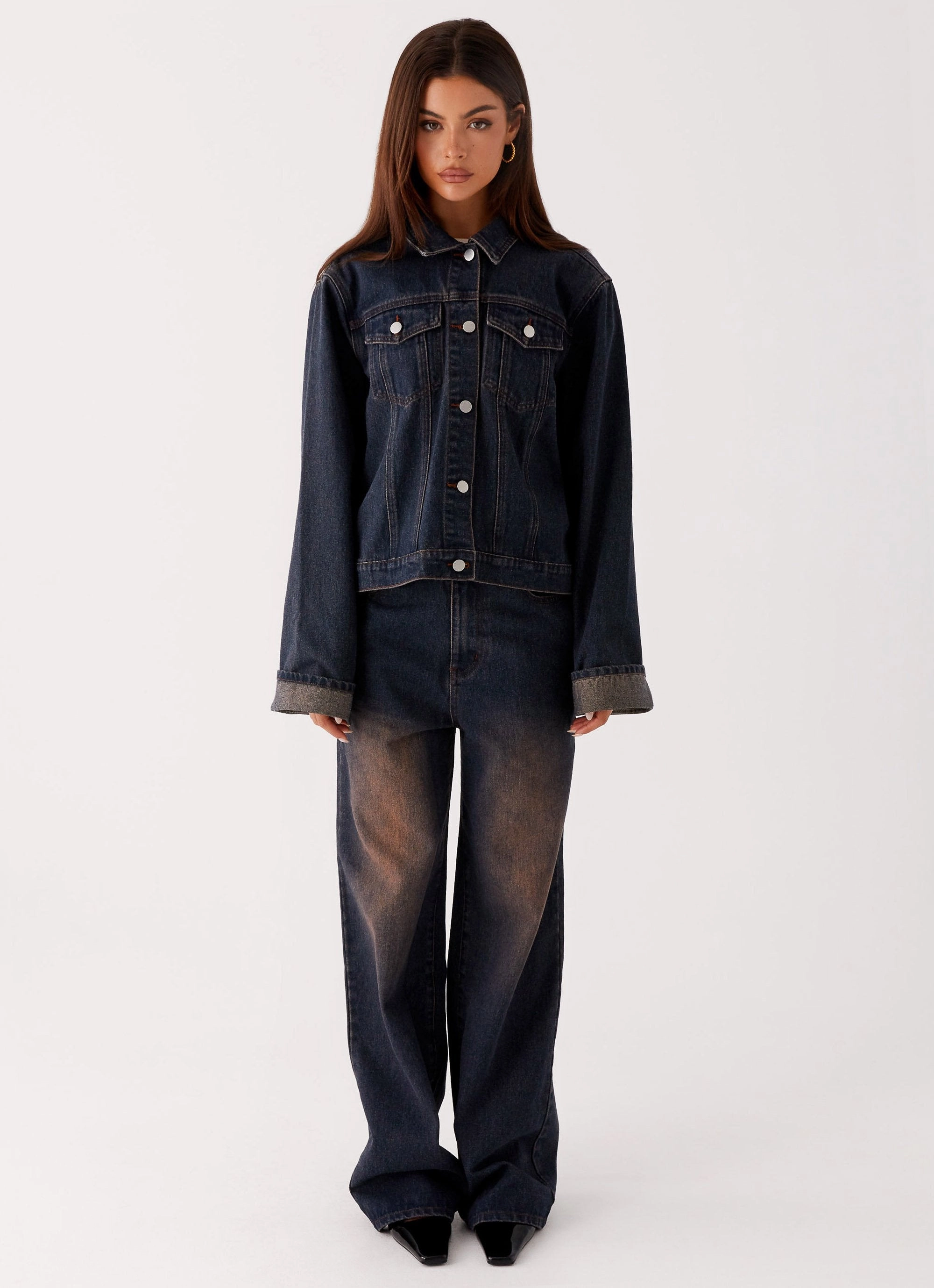 Clean Silhouette Back Again Oversized Denim Jacket - Brown Blue Acid Wash