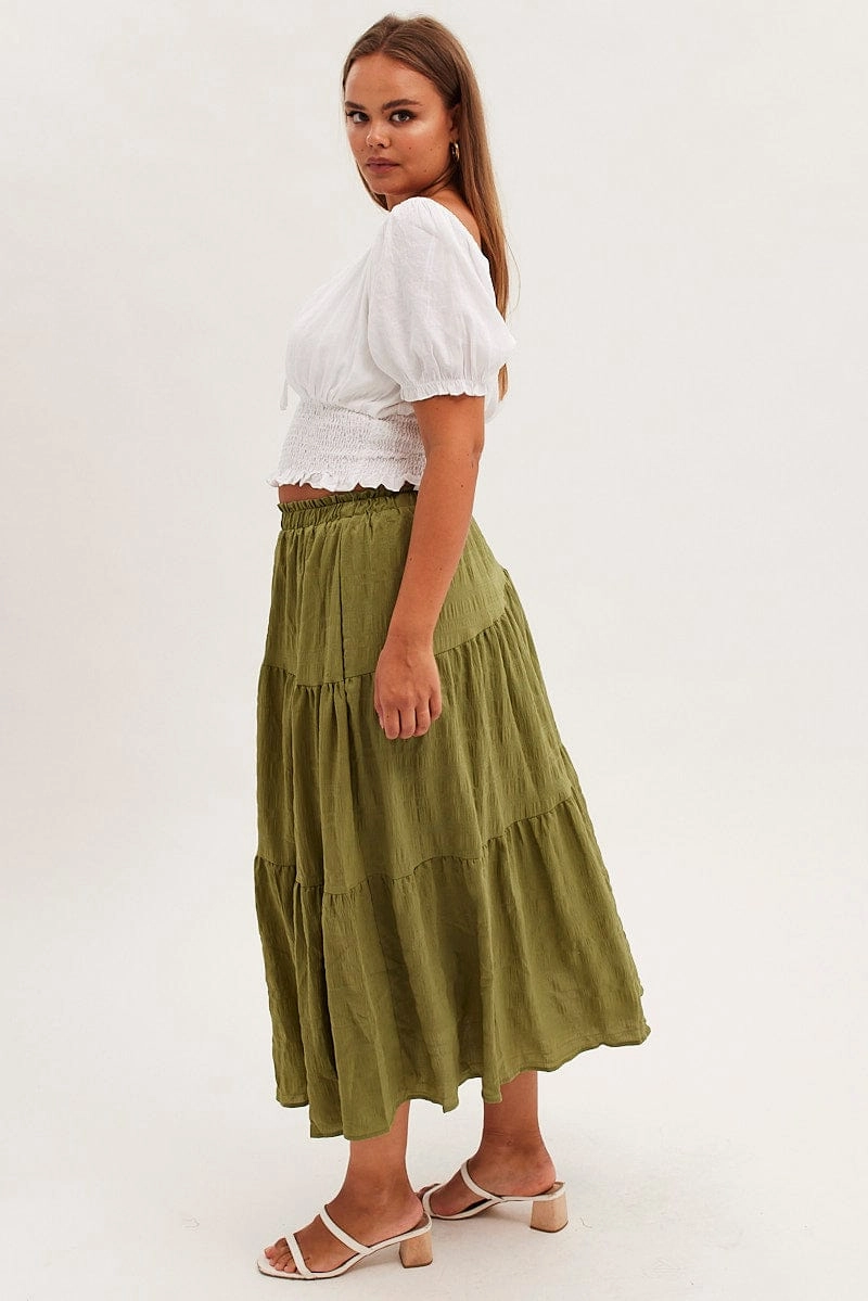 Khaki Maxi Skirt Elastic Waist Long Textured Inverted Pleats