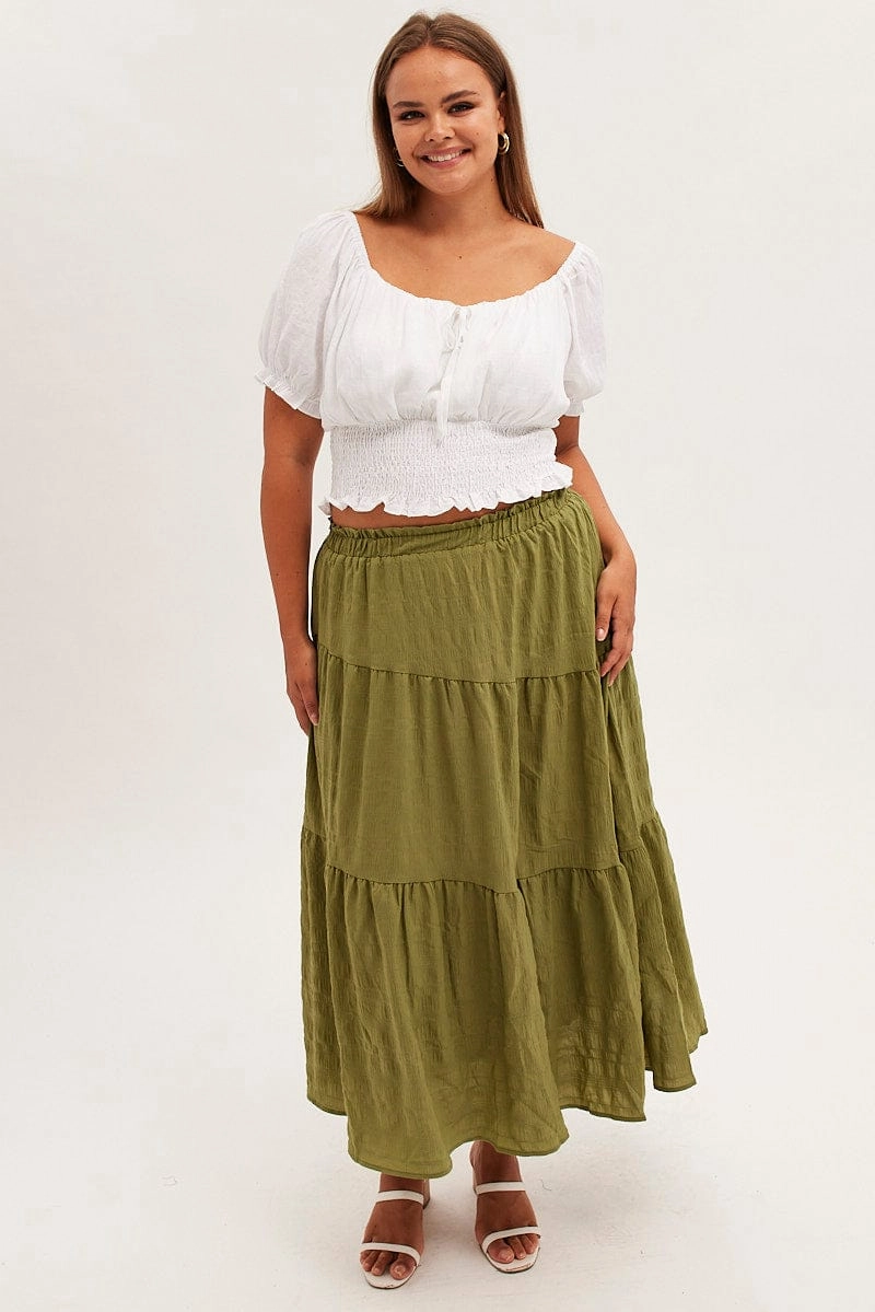 Khaki Maxi Skirt Elastic Waist Long Textured Easy Combo Fashion Energy