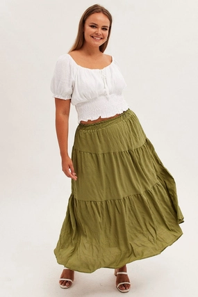 Khaki Maxi Skirt Elastic Waist Long Textured Future Fashion Cotton Rich