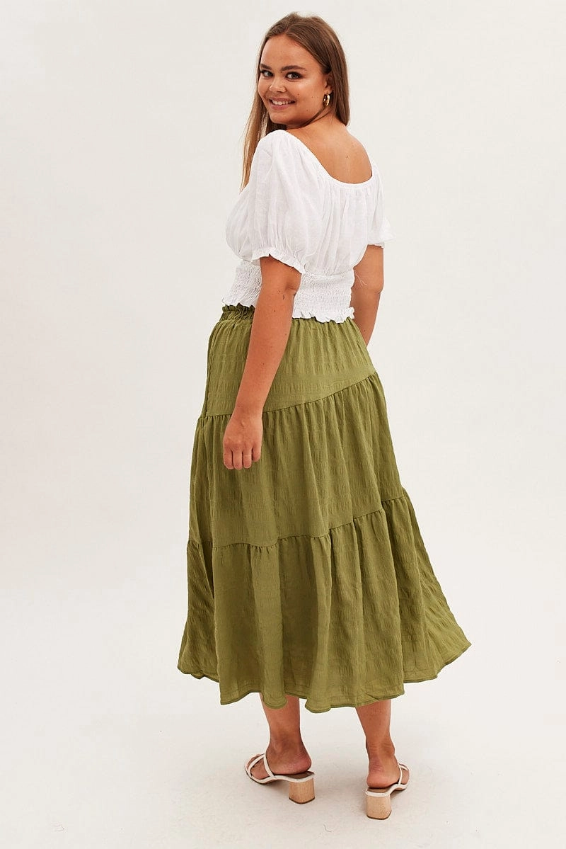 Khaki Maxi Skirt Elastic Waist Long Textured All Season Emerging Designer