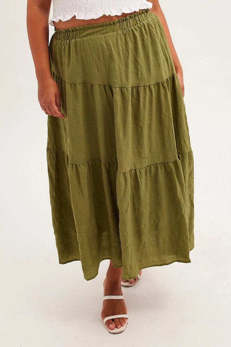 Metallic Finish Plant Based Material Khaki Maxi Skirt Elastic Waist Long Textured