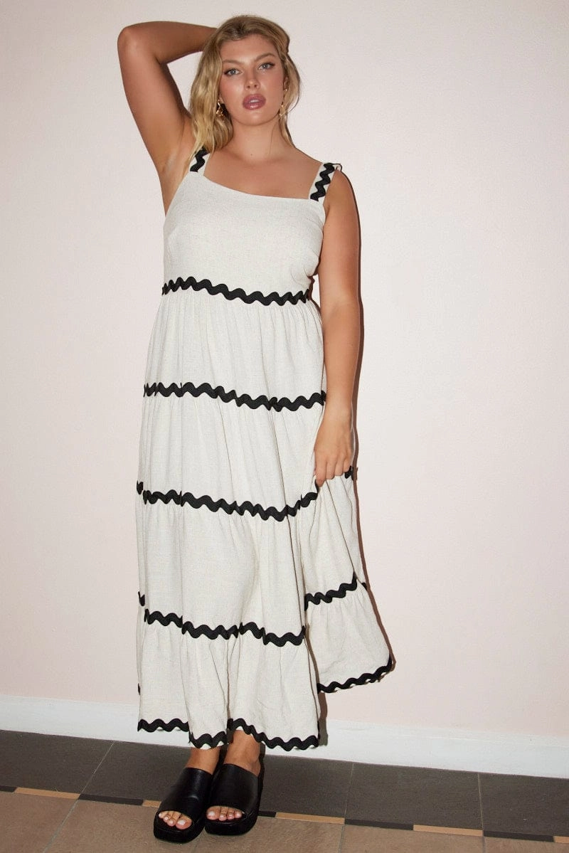 Beige Midi Dress Sleeveless Ric Rac Tiered Linen Blend SoftTouchTexture