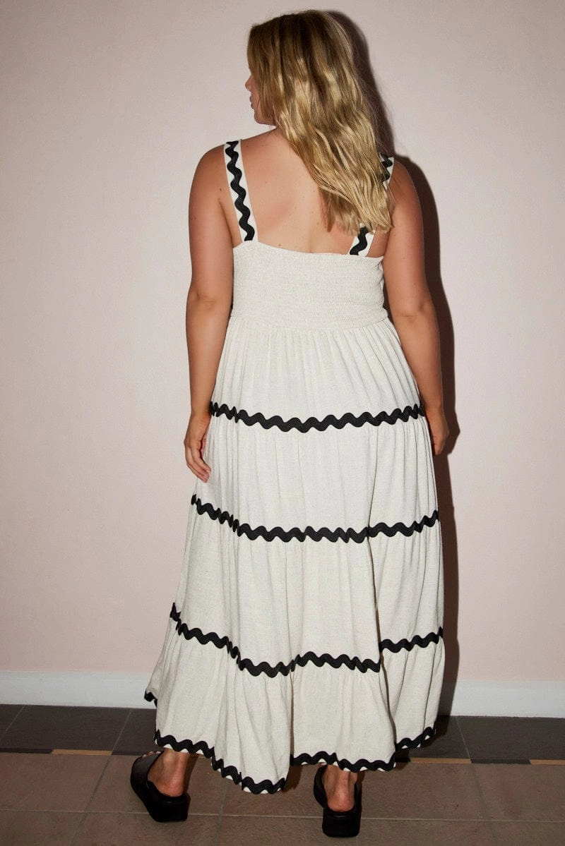 Comfortable and Flattering Subtle Motion Beige Midi Dress Sleeveless Ric Rac Tiered Linen Blend