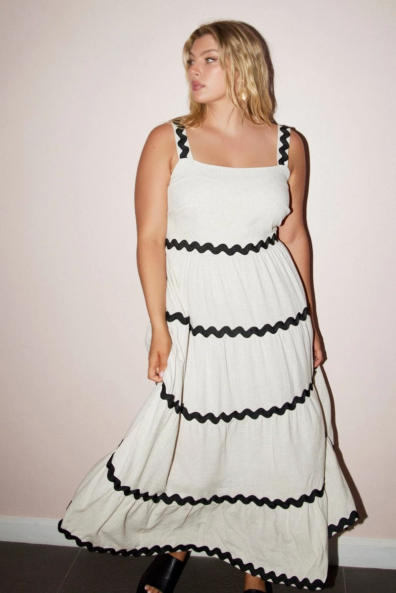 Beige Midi Dress Sleeveless Ric Rac Tiered Linen Blend Easy and Effortless Trendy Vibe