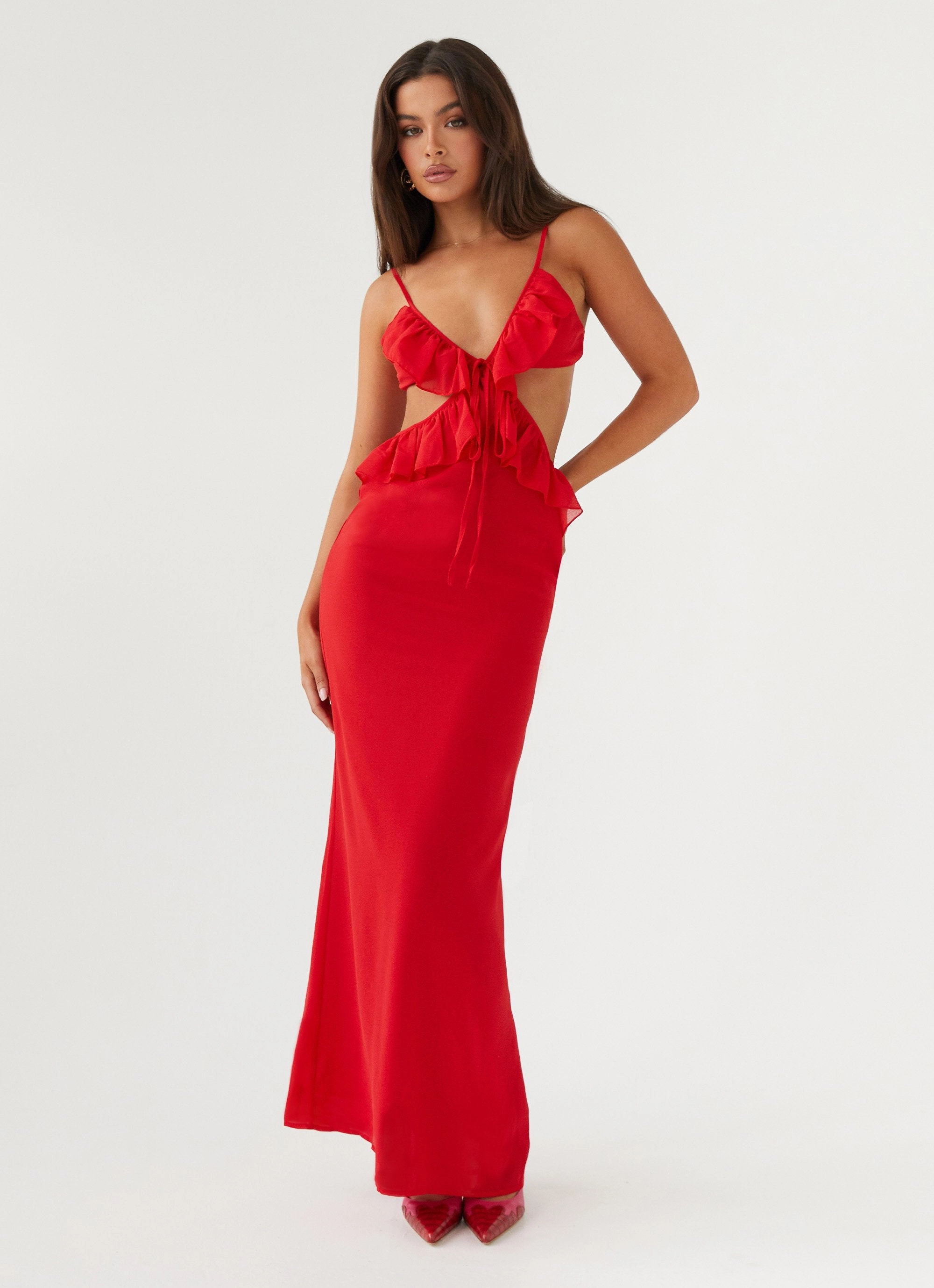 Luxury-Fabric Timeless Waist Fit Klara Cut Out Maxi Dress - Red