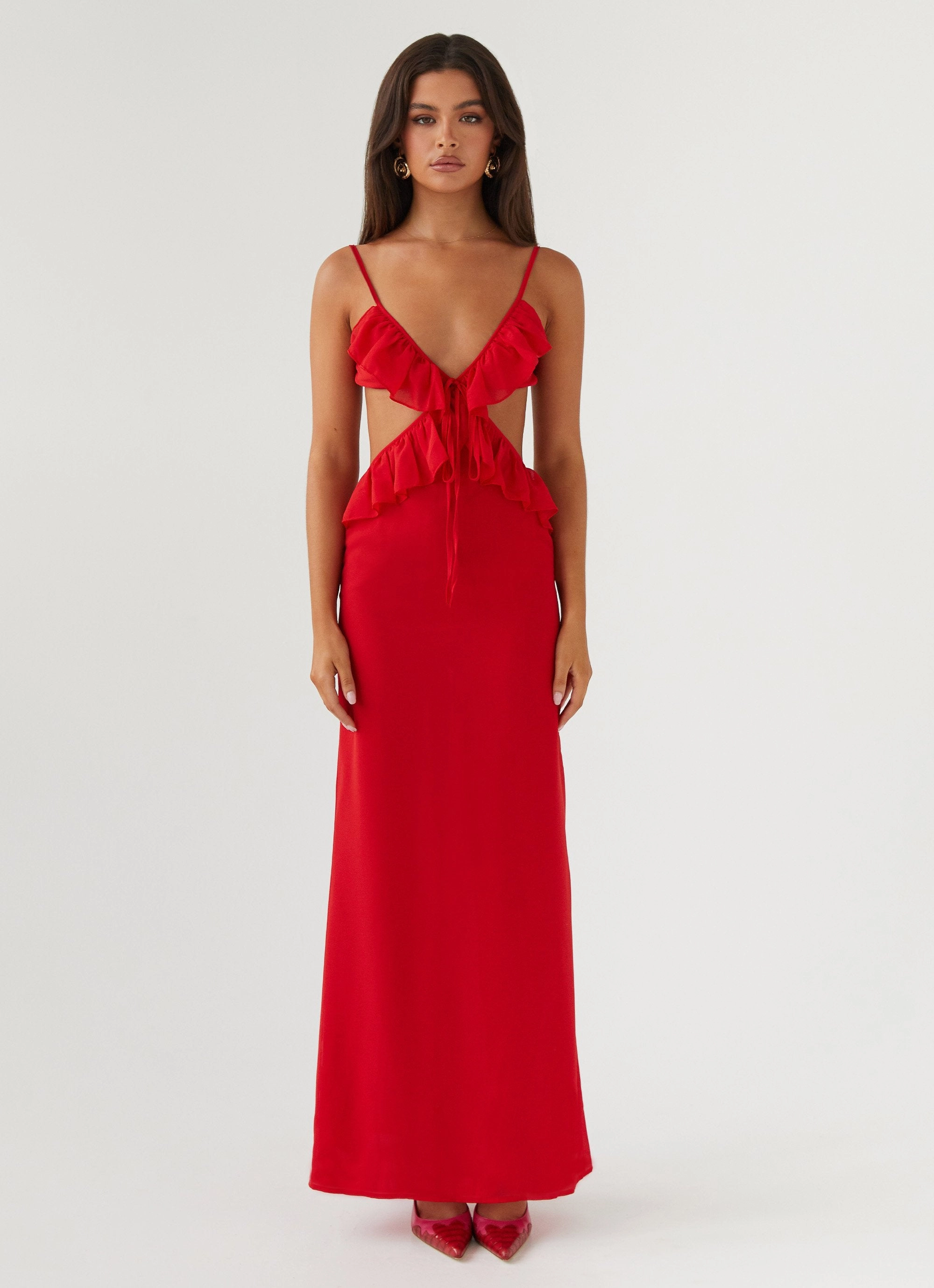 Klara Cut Out Maxi Dress - Red Skirt Flare Urban Feel