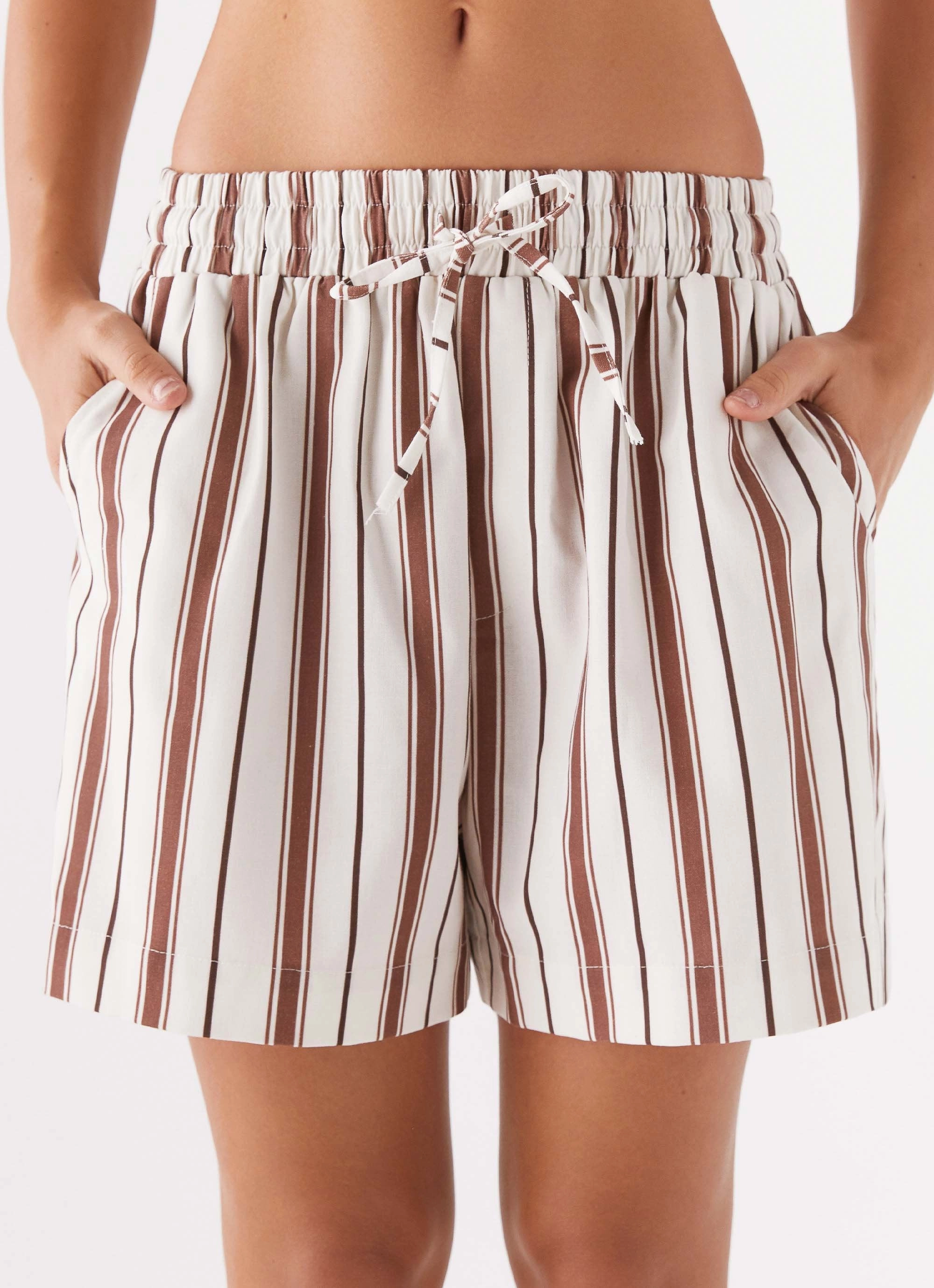 Warm Weather Style Kristen Linen Drawstring Shorts - Brown Stripe