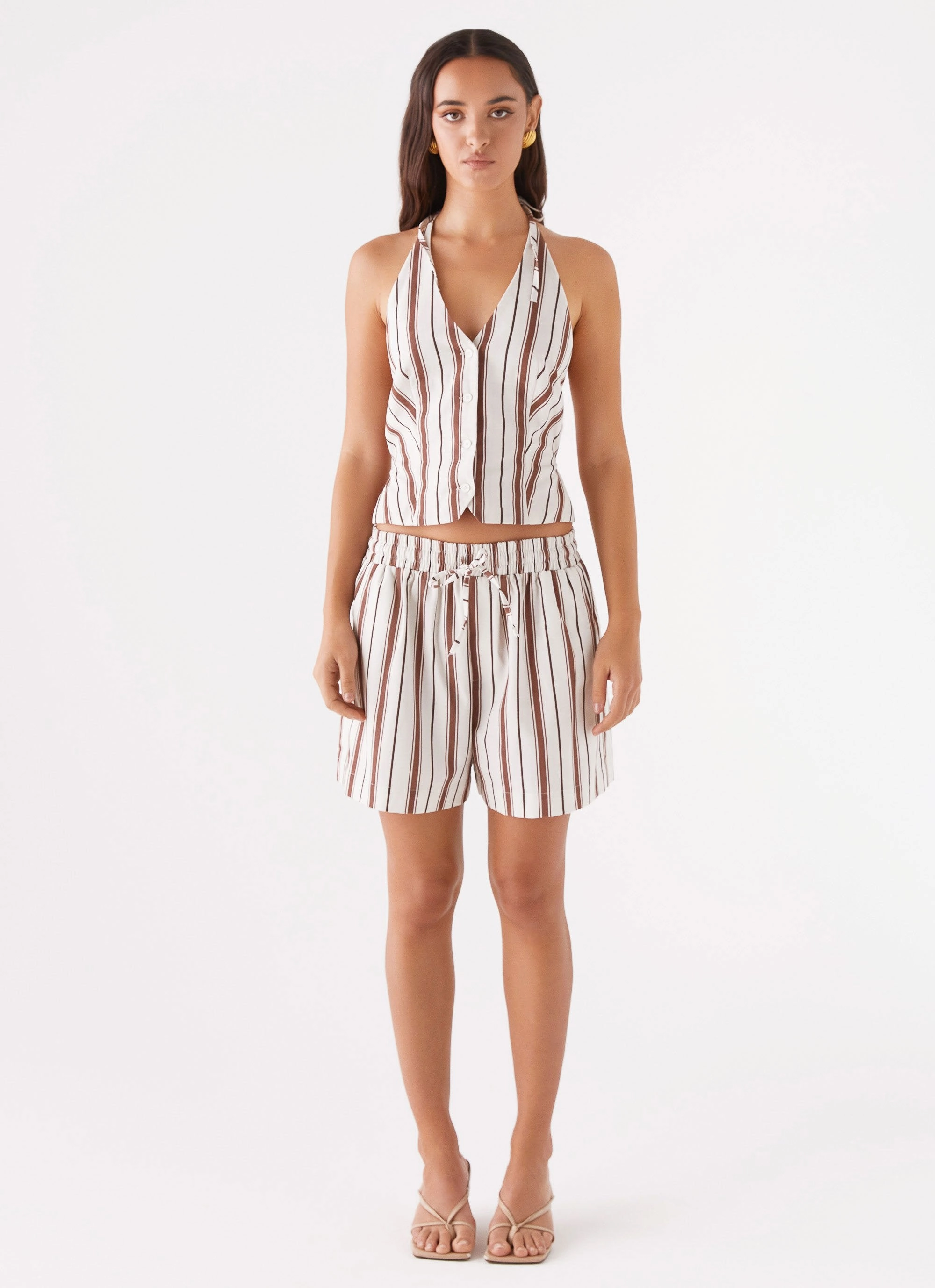 Kristen Linen Drawstring Shorts - Brown Stripe Minimal Waist Quick Access Zip Pockets