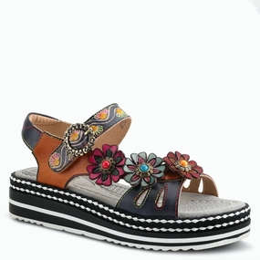 L'Artiste by Spring Step Women's Laga Hand Painted Sandals - Navy Multi Torsion Stability System Seamless Heel Cushioning