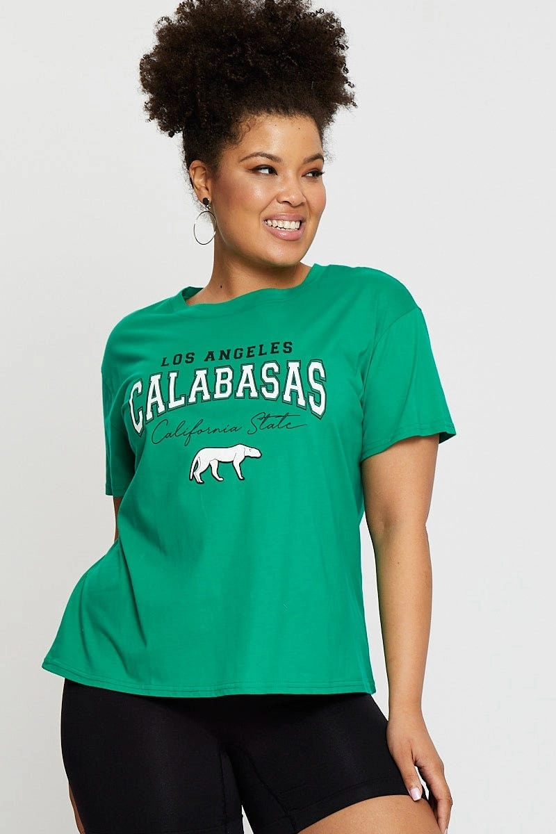 Sleek Stretch Fit Layered Neckline Green Graphic T-shirt Calabasas Short Sleeve Cotton