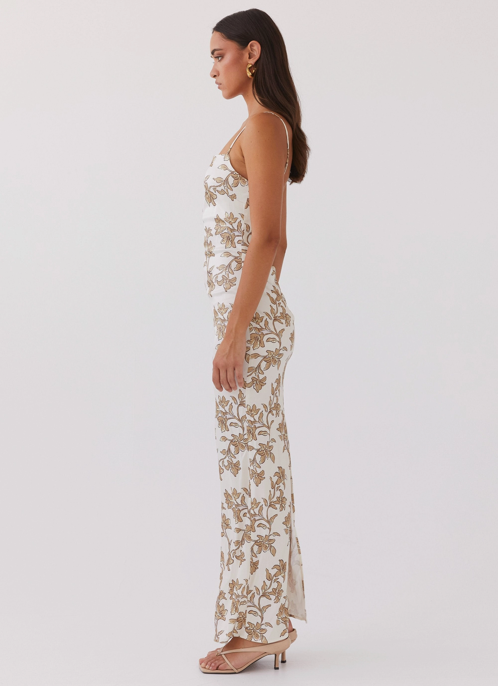 Feminine fit-and-flare silhouette Elastic Fit Lara Satin Maxi Dress - Hazel Bloom