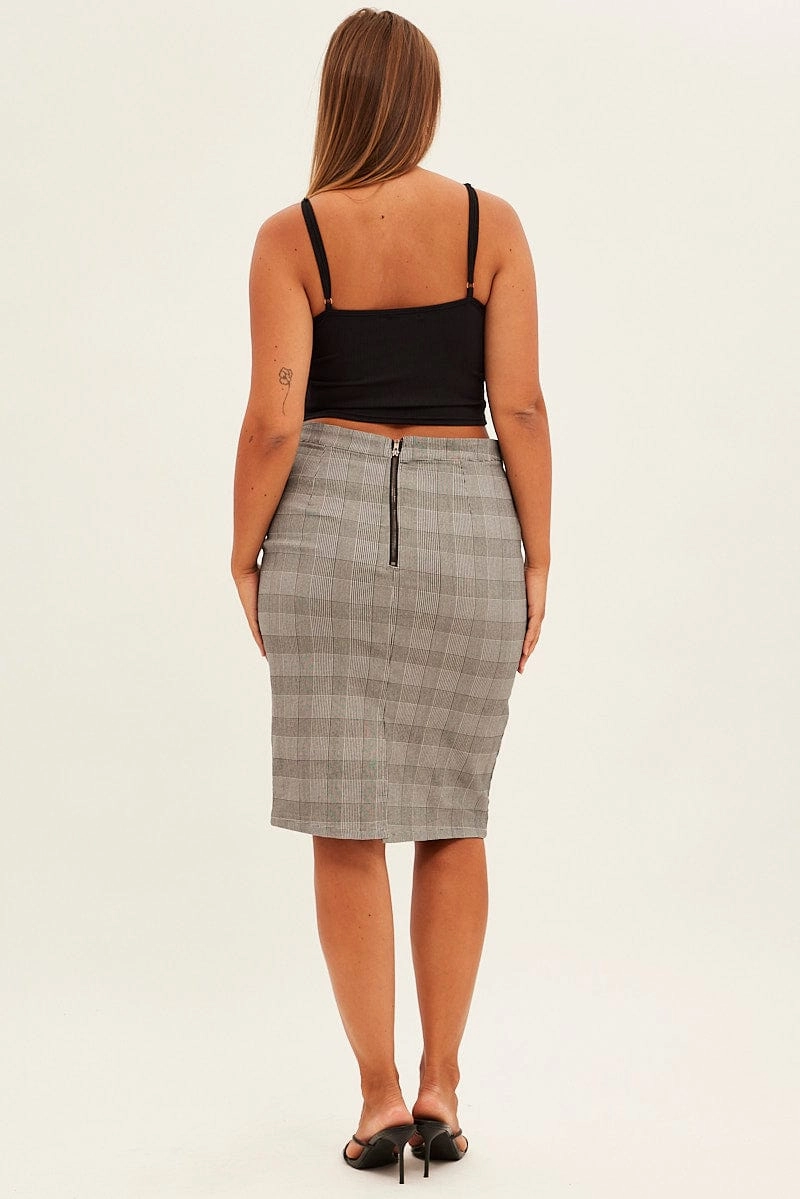Grey Check Workwear Skirt High Rise Bodycon Embroidered Detail