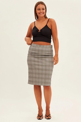 Grey Check Workwear Skirt High Rise Bodycon perforated design Craftsmanship Focus