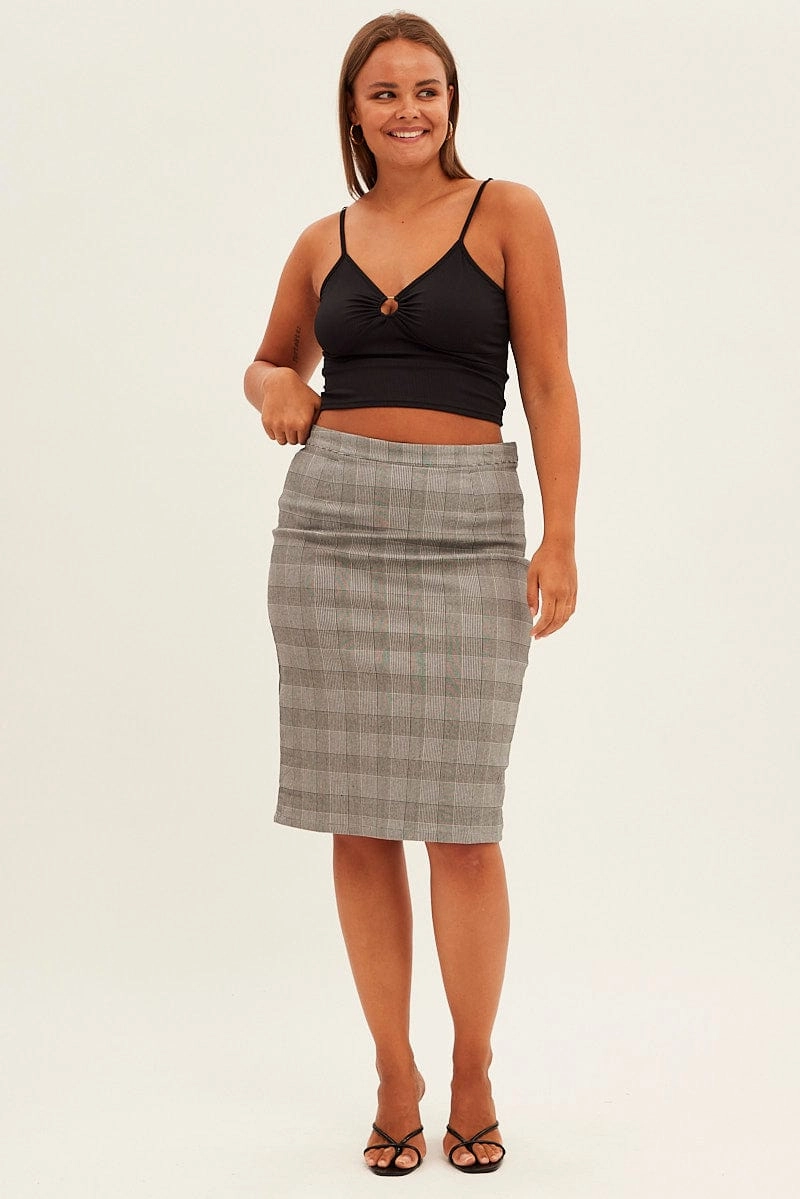 Grey Check Workwear Skirt High Rise Bodycon perforated design Craftsmanship Focus