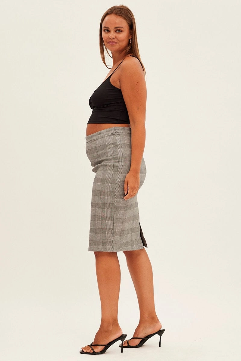 Floral Pattern lace accents Grey Check Workwear Skirt High Rise Bodycon