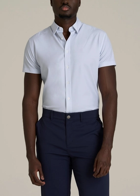 Short Sleeve Traveler Stretch Button Shirt for Tall Men in Light Grey Chevron NonFadeFinish Lightweight Layering Option