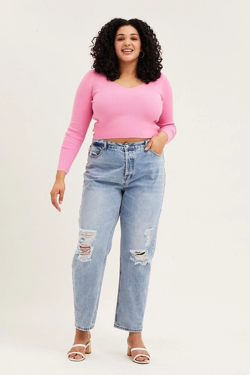 Blue Denim Jean High Rise Slash Knee Boyfriend Smooth Form