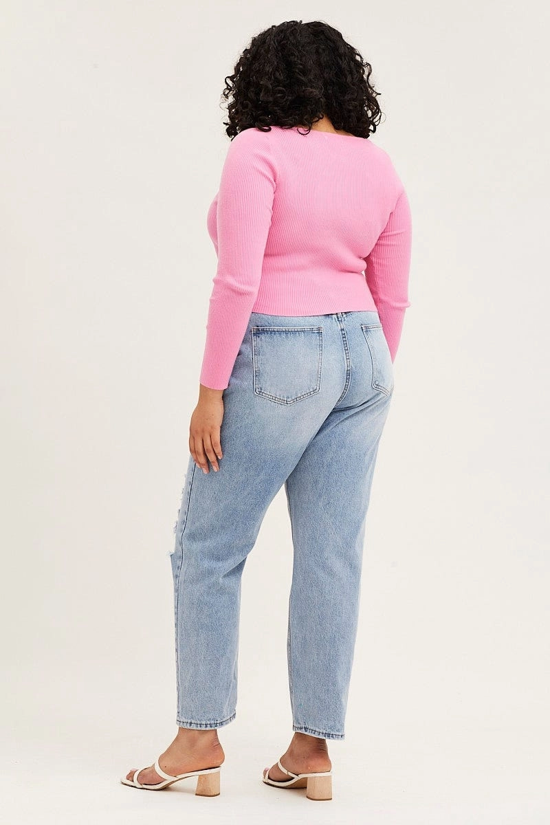 Outdoor Enthusiast Sunny Vibes Teen Outfit Blue Denim Jean High Rise Slash Knee Boyfriend