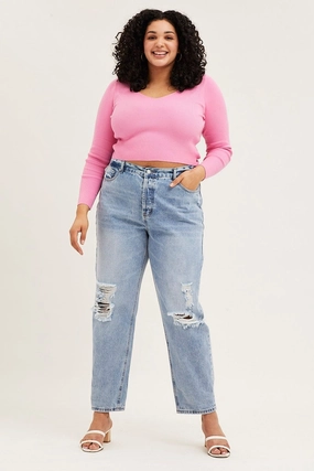 No Gap Waist Blue Denim Jean High Rise Slash Knee Boyfriend