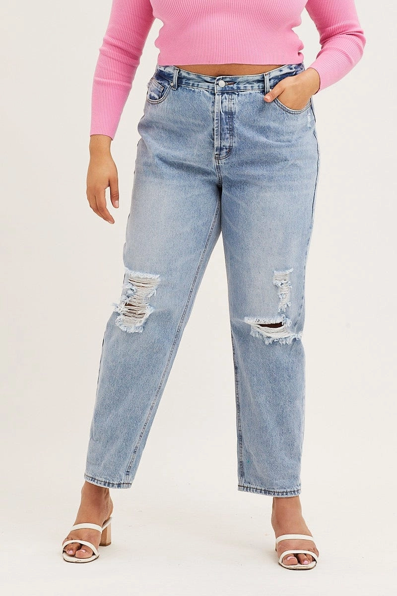 Suitable Fit Loose Outdoor Adventure Work Meeting Blue Denim Jean High Rise Slash Knee Boyfriend