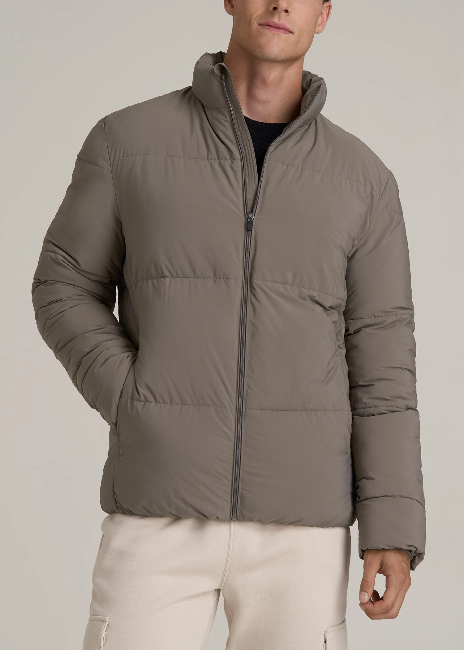 Stand Collar Puffer Coat Jacket for Tall Men in Portobello ReflectiveDetails Crisp Look