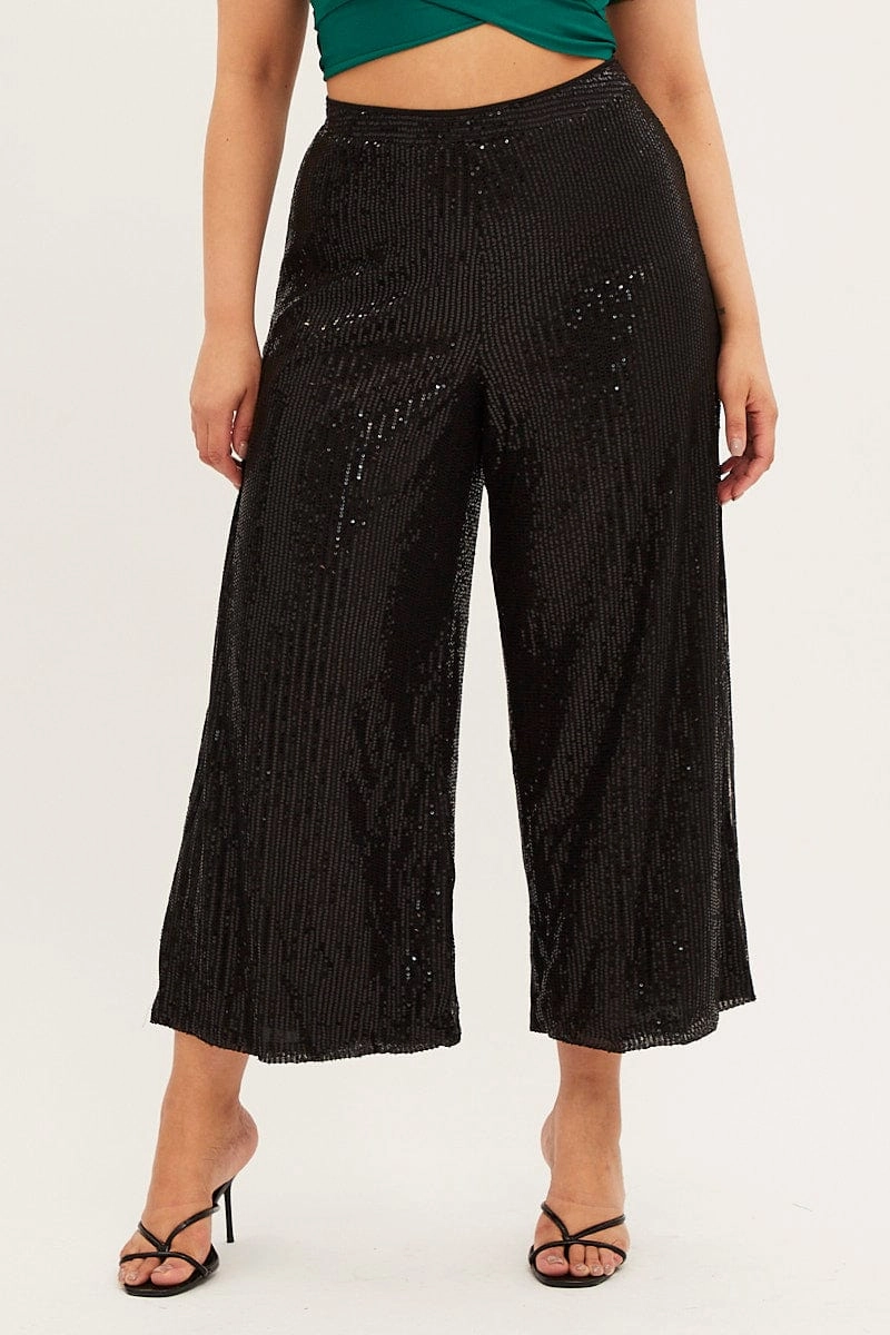 Black Wide Leg Pants High Waist Sequin Essential Look Timeless Wear