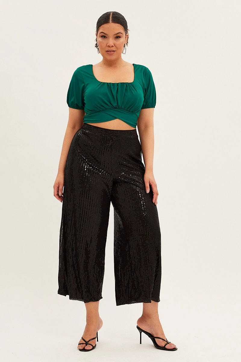 Cold Weather Gear Stretch Support Black Wide Leg Pants High Waist Sequin