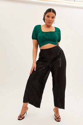 All Season Fit Black Wide Leg Pants High Waist Sequin