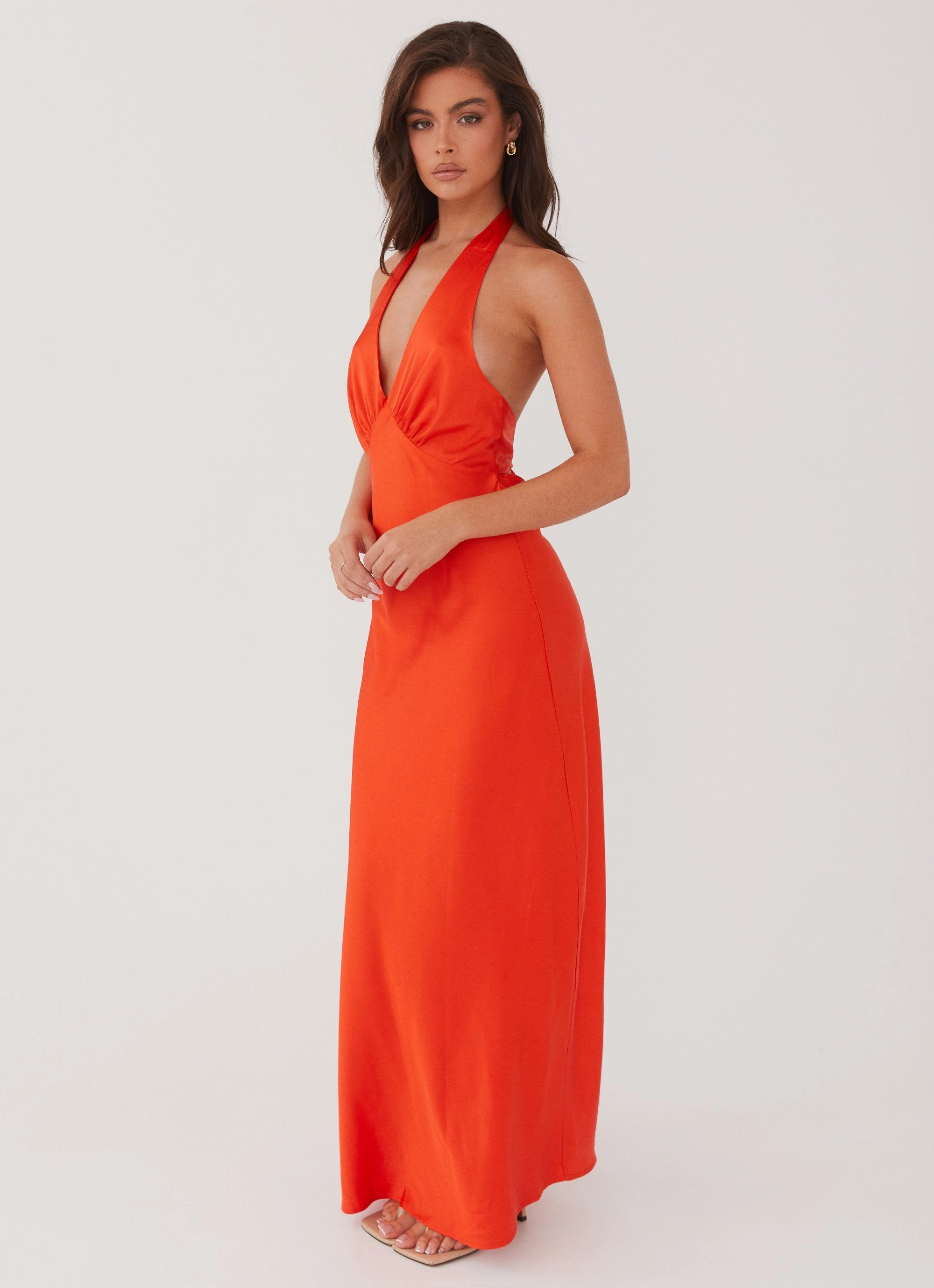 effortless grace Solid-color Heavy Hearted Satin Maxi Dress - Sunset