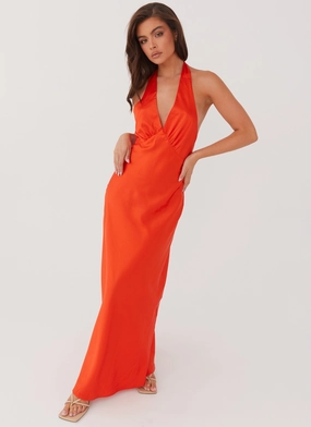 Heavy Hearted Satin Maxi Dress - Sunset Open-back