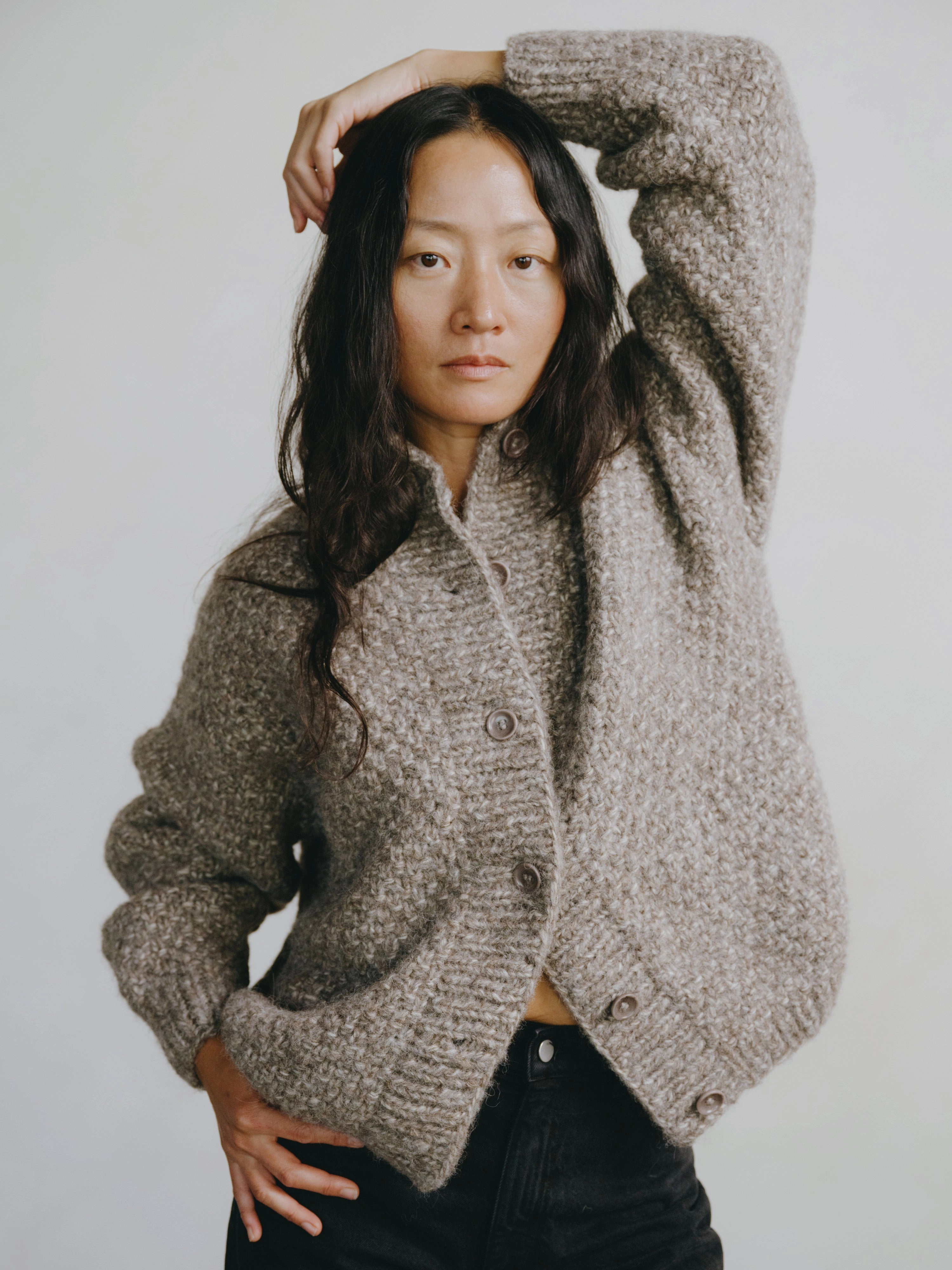 Street Sporty Bell Hand Knit Cardigan, Alpaca Cotton, Shrub