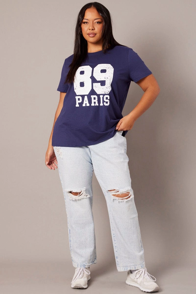 Soft and Light Blue Graphic T-shirt Short Sleeve Crew Neck