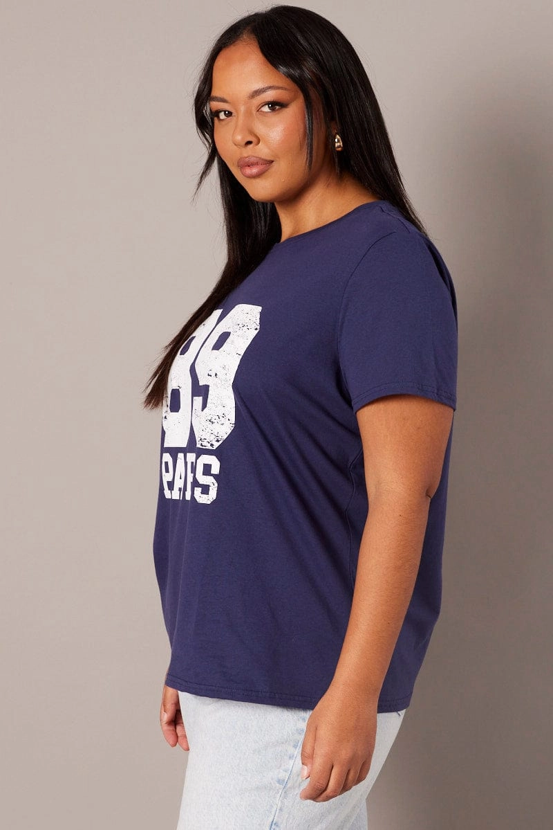 Blue Graphic T-shirt Short Sleeve Crew Neck Trendy Top