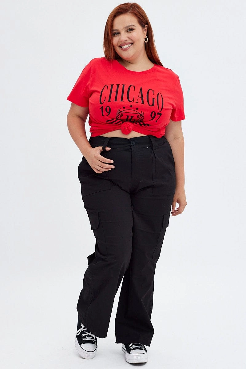 Classic Outfit Style V neck Red Graphic T-shirt Short Sleeve Crew Neck