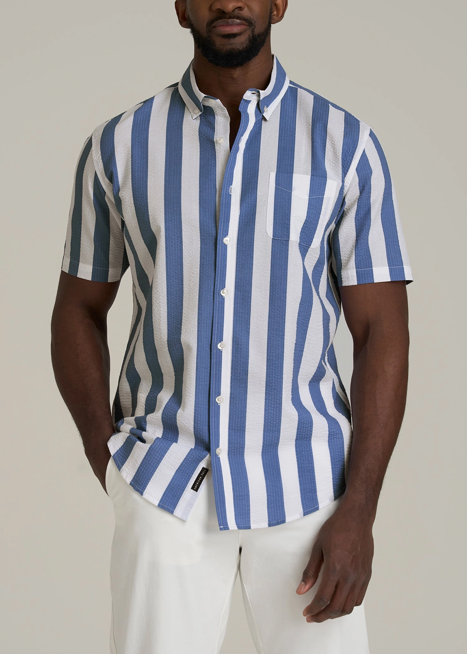 Seersucker Tall Men's Short Sleeve Shirt in Periwinkle Blue Stripe SeamlessConstruction Breathable Mesh Back