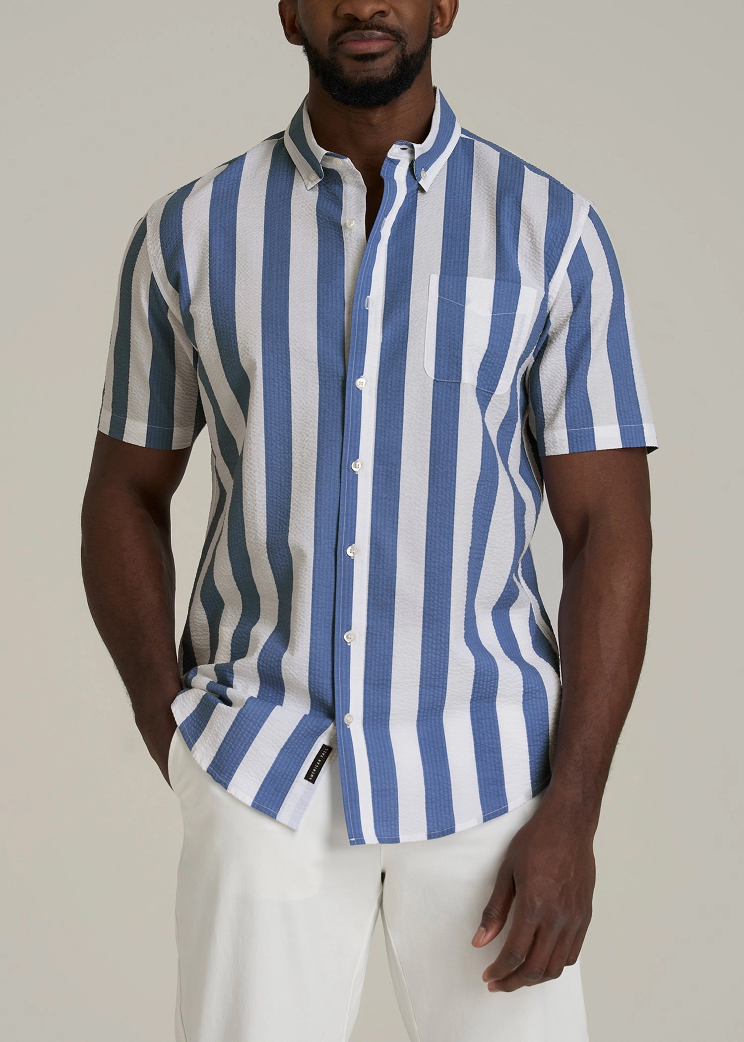 Seersucker Tall Men's Short Sleeve Shirt in Periwinkle Blue Stripe LayeredPanel