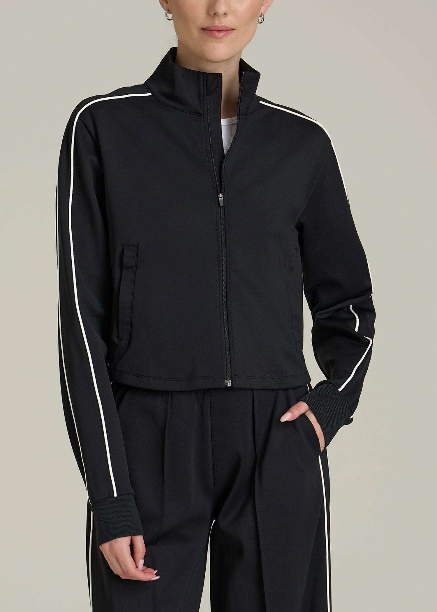 Cropped Track Jacket with Piping for Tall Women in Black Canvas Make