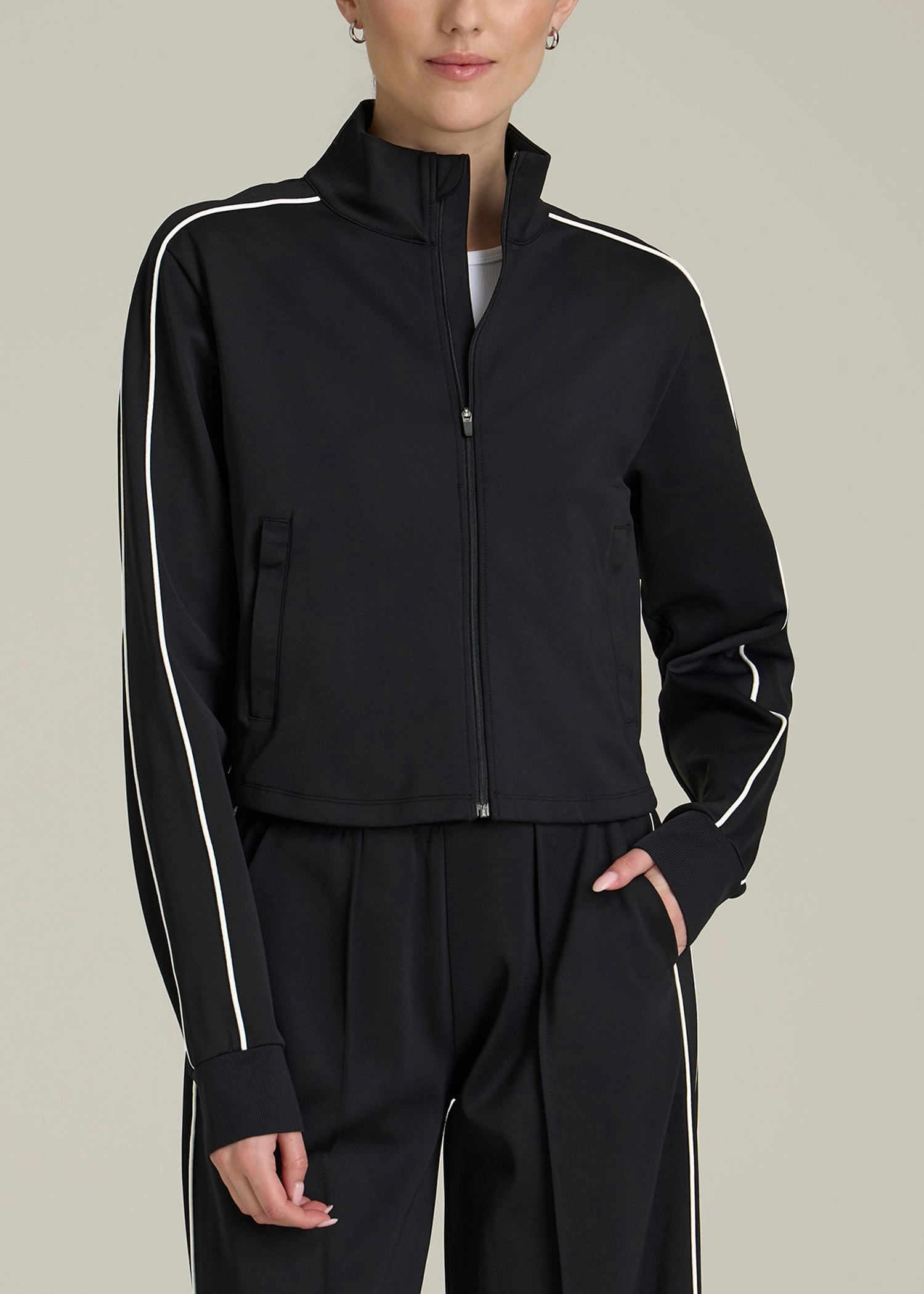 Cropped Track Jacket with Piping for Tall Women in Black Lightweight insulation