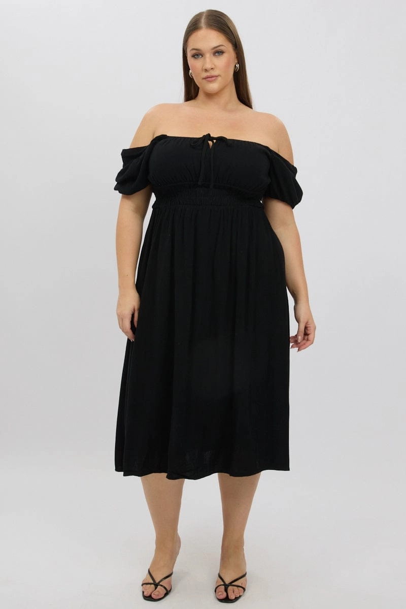 Chilly Comfort Work Ready Black Midi Dress Short Sleeve Ruched Bust Linen Blend
