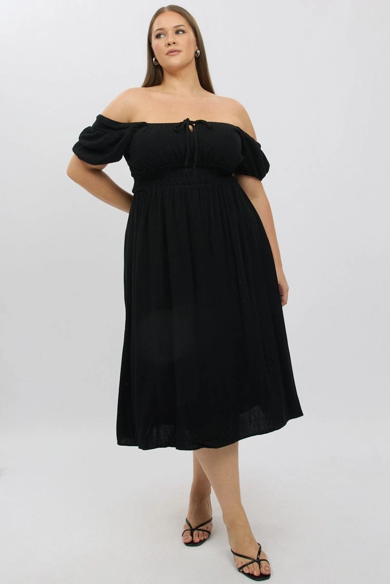 Black Midi Dress Short Sleeve Ruched Bust Linen Blend Romantic Bloom