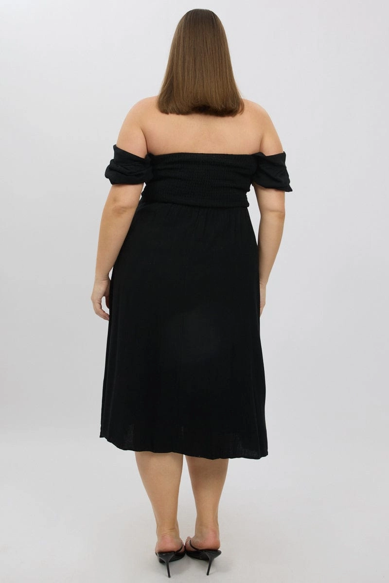 Chic And Comfortable Chic Ensemble Black Midi Dress Short Sleeve Ruched Bust Linen Blend