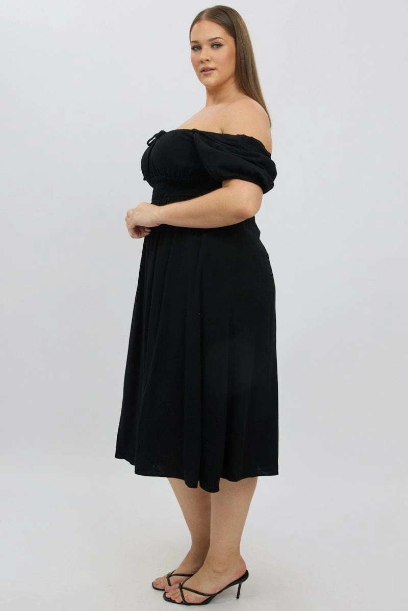 Chic Wear Black Midi Dress Short Sleeve Ruched Bust Linen Blend