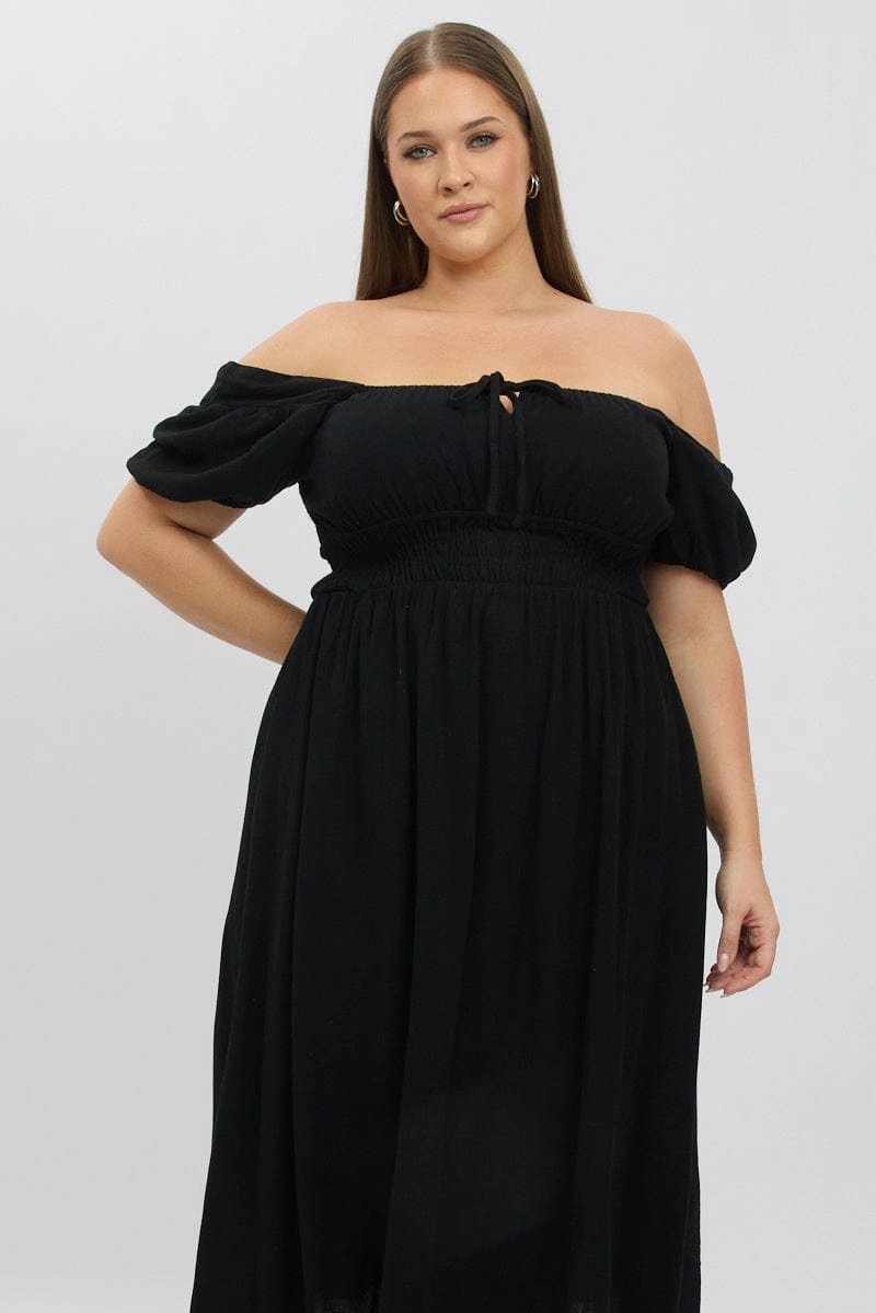 Elegant Mature Leg-Lengthening Black Midi Dress Short Sleeve Ruched Bust Linen Blend