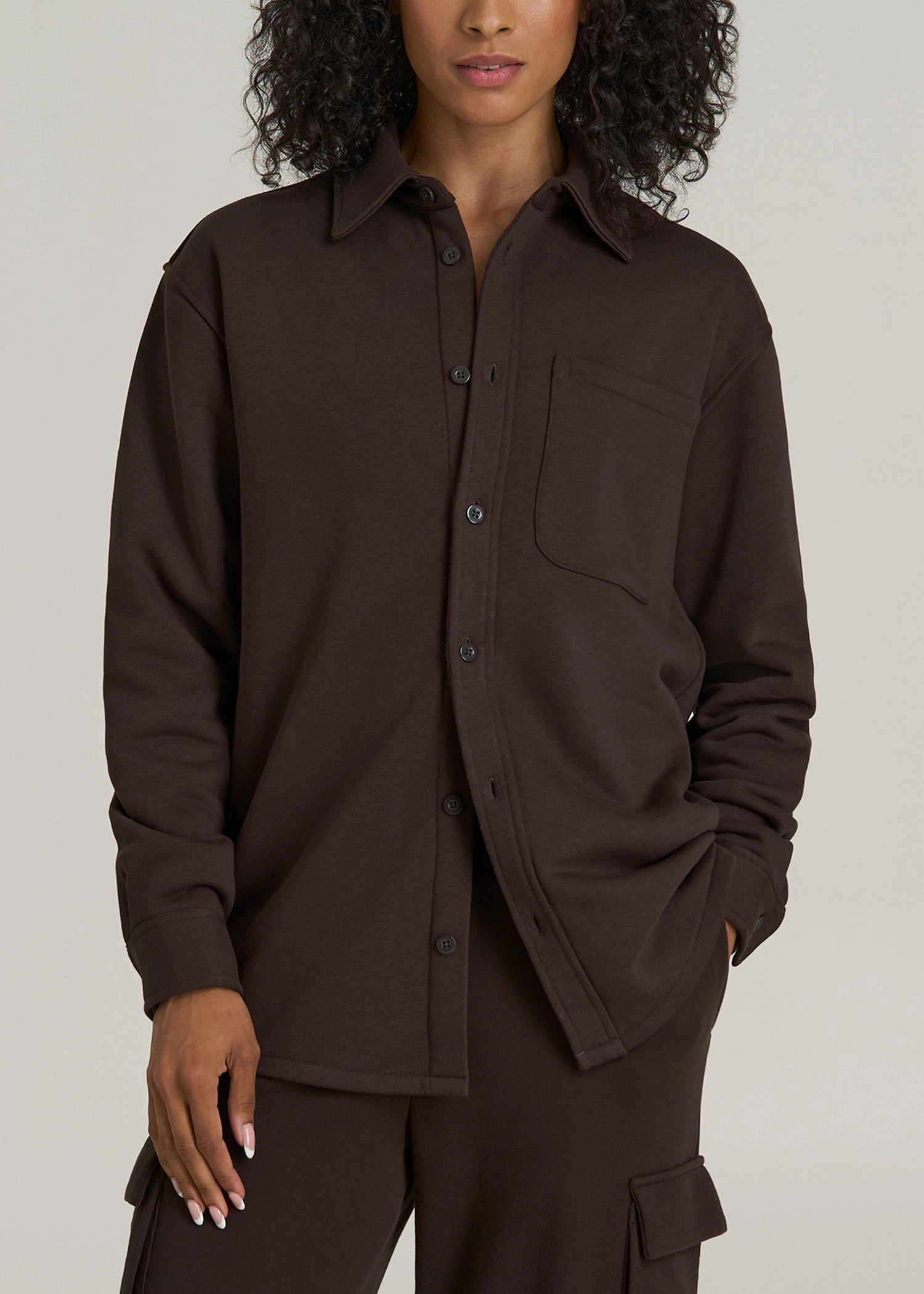 Wearever 2.0 Fleece Women's Tall Shacket in Espresso Stretch Paneling