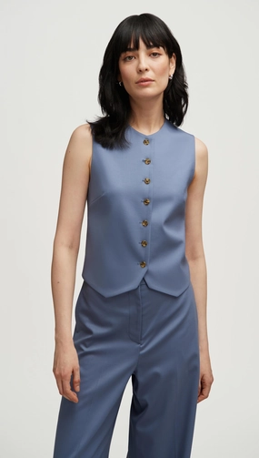 High-Neck Button Waistcoat in Seasonless Wool | Powder Blue Flatlock Seam Technique Sustainable Material Blend