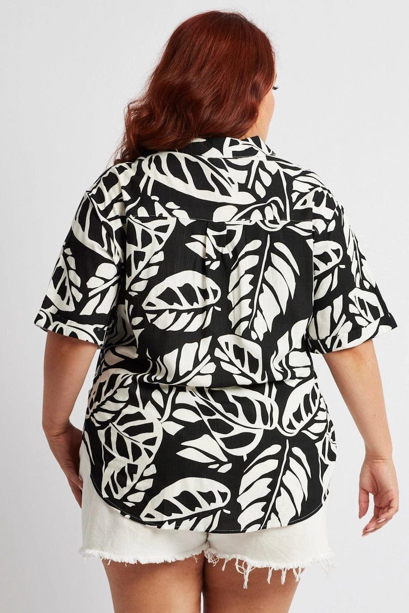 Black Abstract Relaxed Shirt Short Sleeve Linen Blend Tailored Cuffs